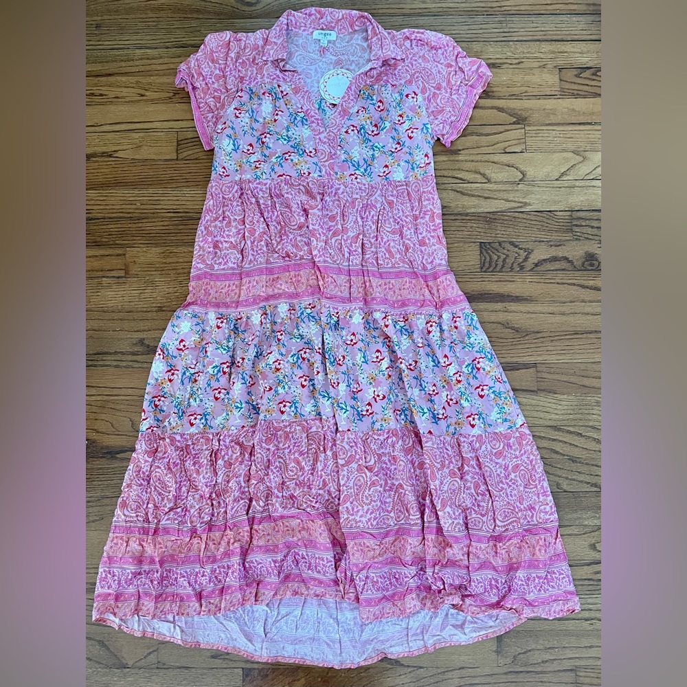 Umgee Pink Floral Paisley Pattern Long Collared Maxi Dress Women’s Small NEW